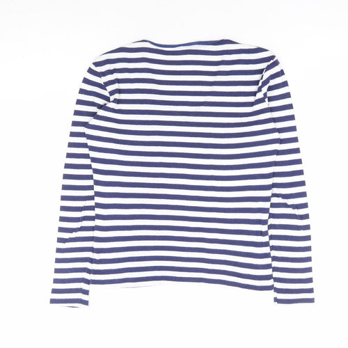 Simon Womens Blue Striped Polyester Basic T-Shirt Size S V-Neck