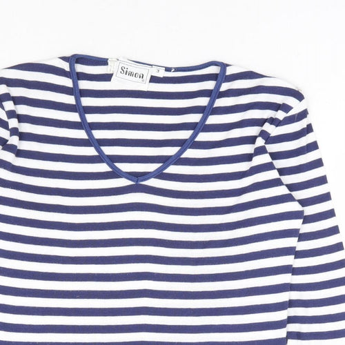 Simon Womens Blue Striped Polyester Basic T-Shirt Size S V-Neck
