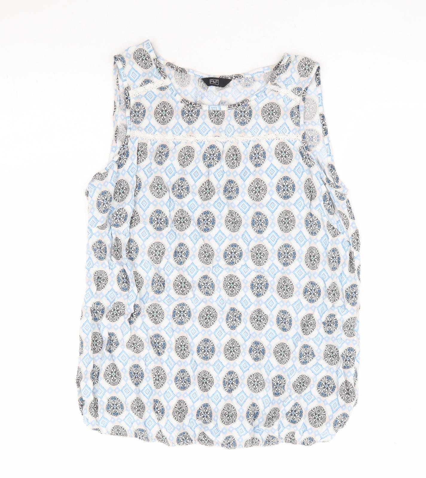 F&F Womens Blue Geometric Viscose Basic Tank Size 16 Round Neck