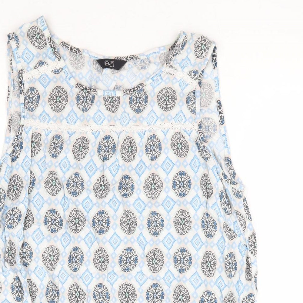 F&F Womens Blue Geometric Viscose Basic Tank Size 16 Round Neck
