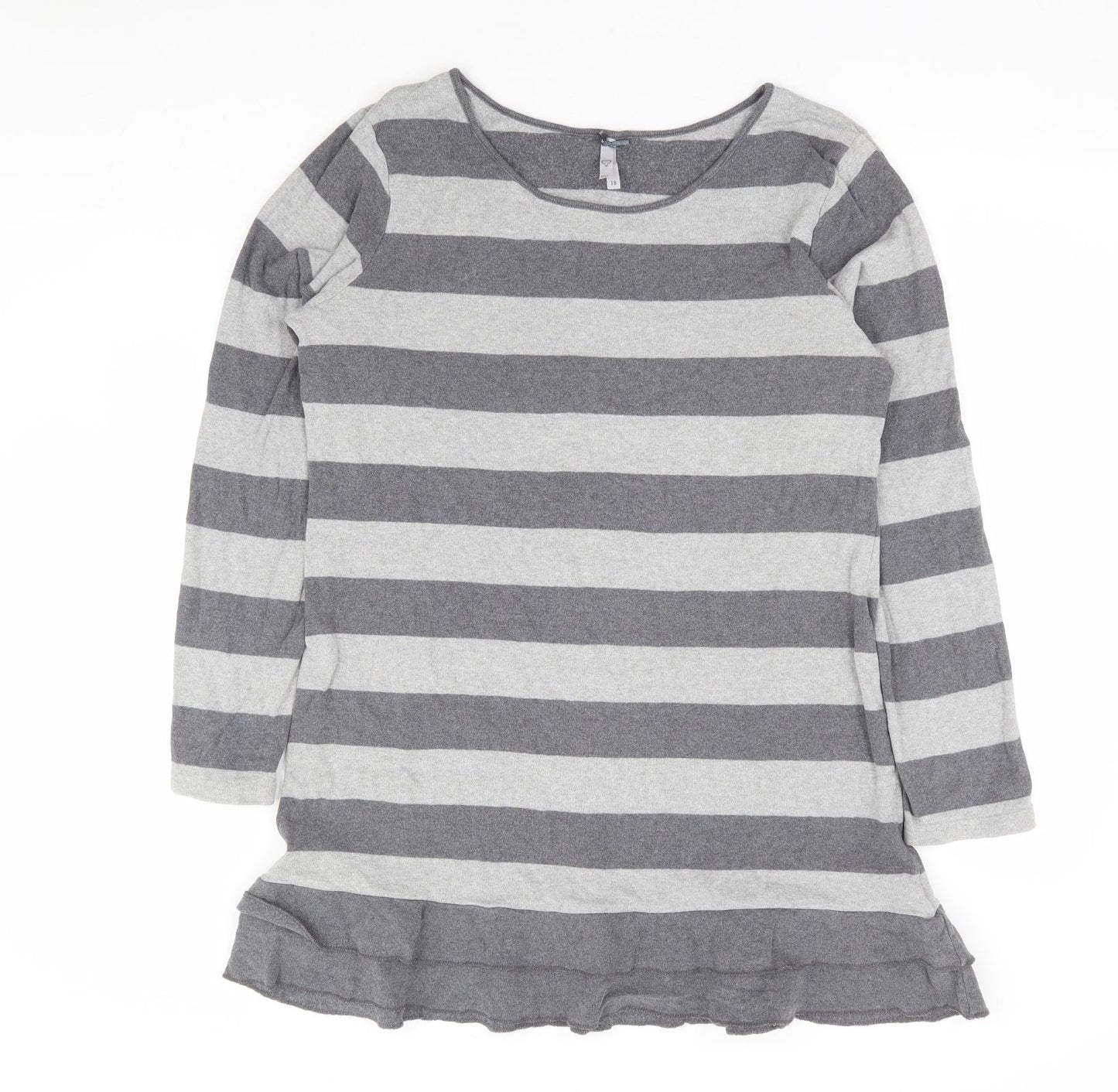 NEXT Womens Grey Striped 100% Cotton Tunic Blouse Size 18 Round Neck