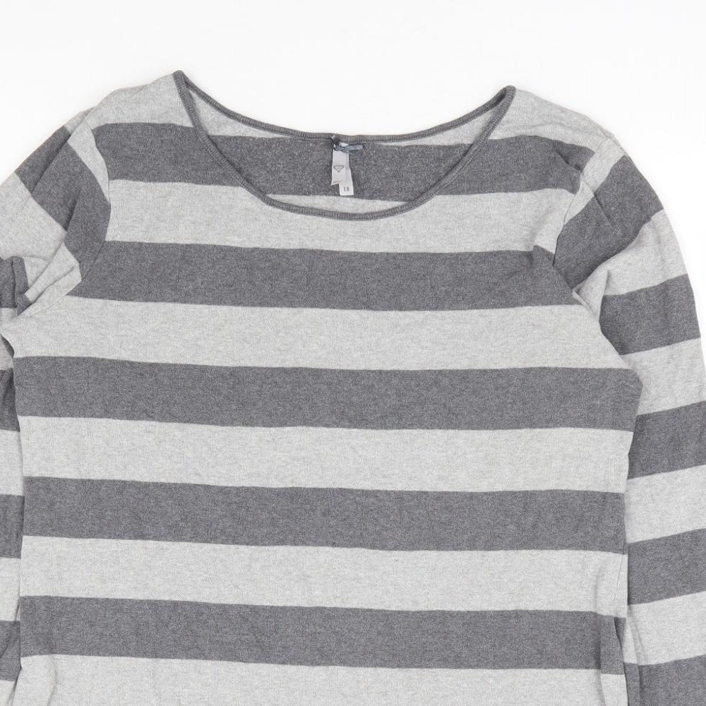 NEXT Womens Grey Striped 100% Cotton Tunic Blouse Size 18 Round Neck