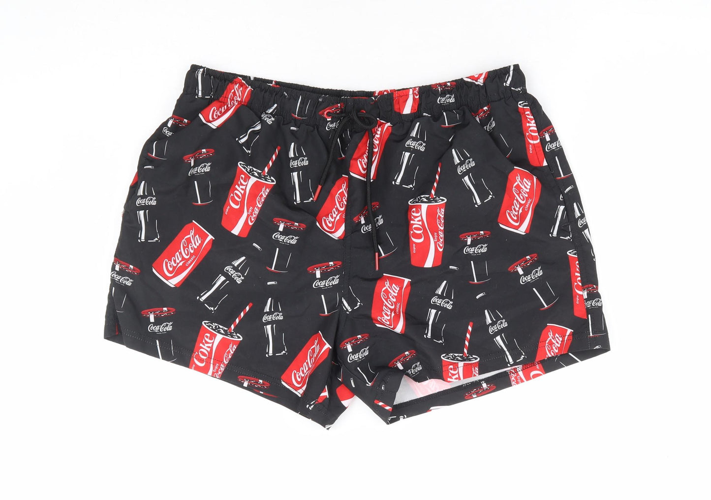 Primark Mens Black Geometric Polyester Sweat Shorts Size M L6 in Regular Drawstring - Coca Cola Swim Short