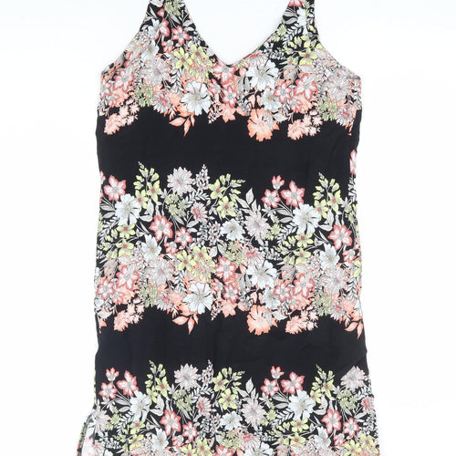 F&F Womens Black Floral Viscose Mini Size 6 V-Neck Pullover
