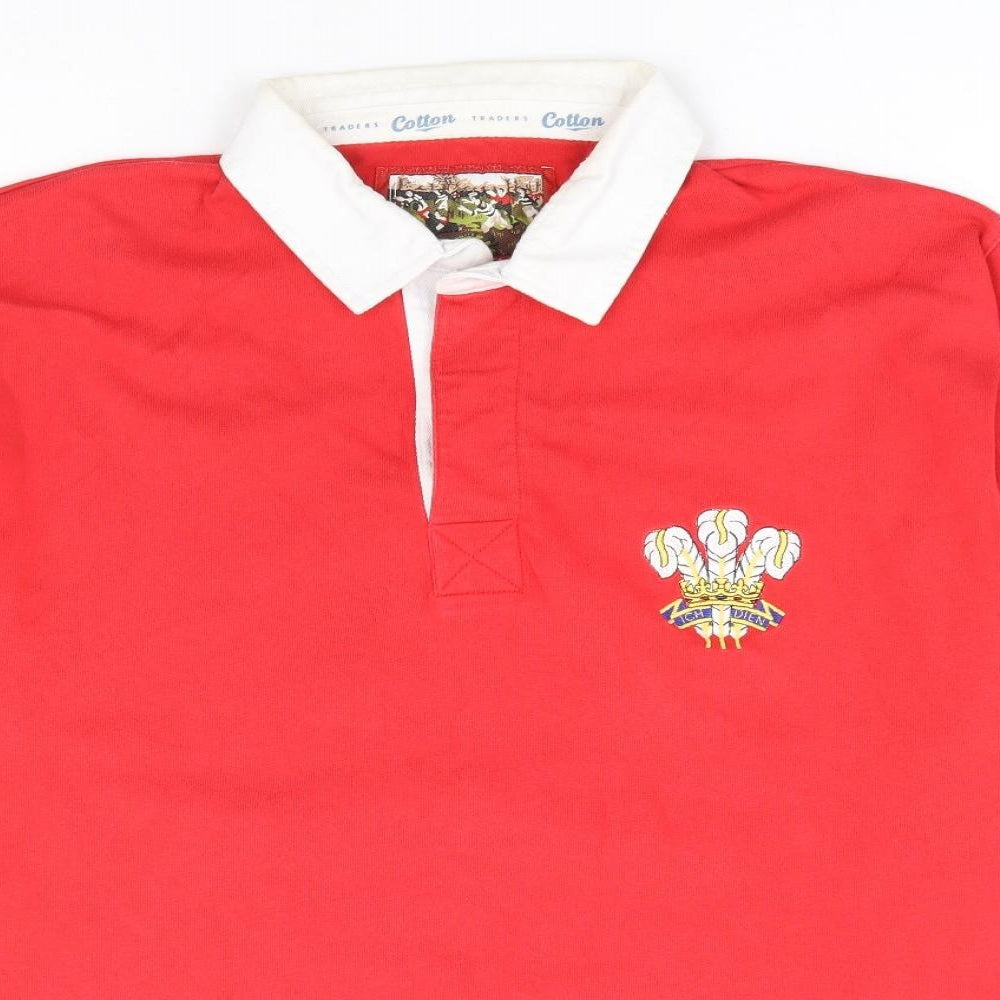 Cotton Traders Mens Red 100% Cotton Polo Size L Collared Button - Wales Rugby
