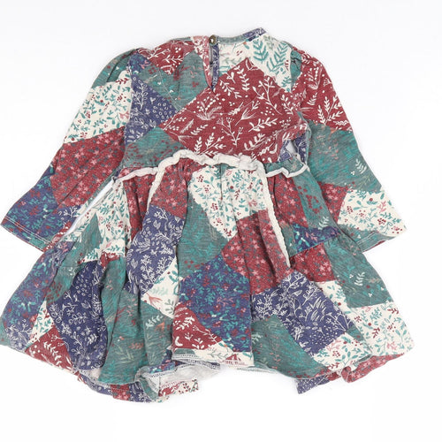 Manataray Girls Multicoloured Floral 100% Cotton Fit & Flare Size 2-3 Years Round Neck Button - Patchwork