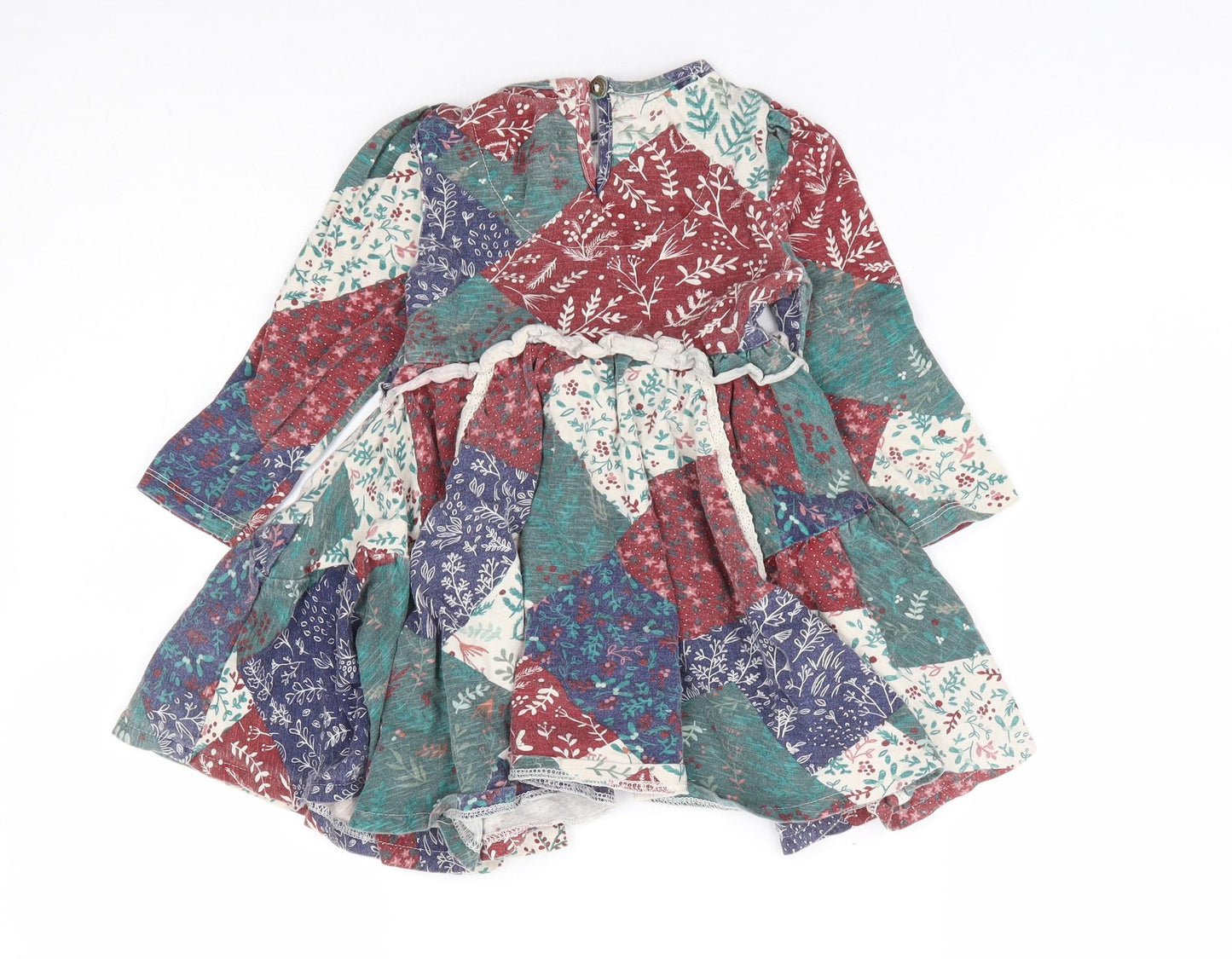 Manataray Girls Multicoloured Floral 100% Cotton Fit & Flare Size 2-3 Years Round Neck Button - Patchwork