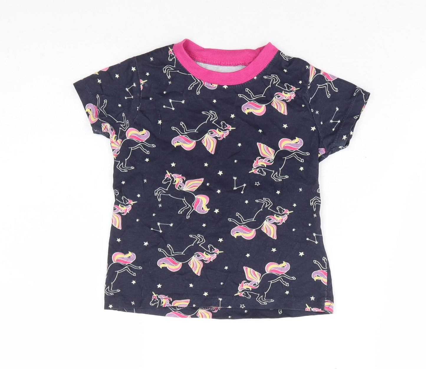 B&M Girls Blue Geometric 100% Cotton Basic T-Shirt Size 3-4 Years Round Neck Pullover - Unicorn
