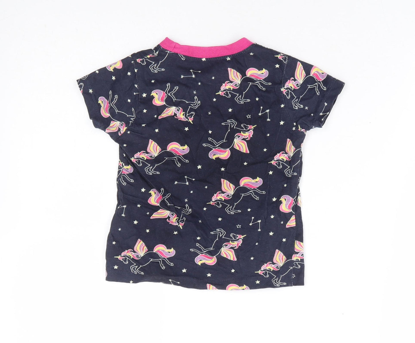 B&M Girls Blue Geometric 100% Cotton Basic T-Shirt Size 3-4 Years Round Neck Pullover - Unicorn