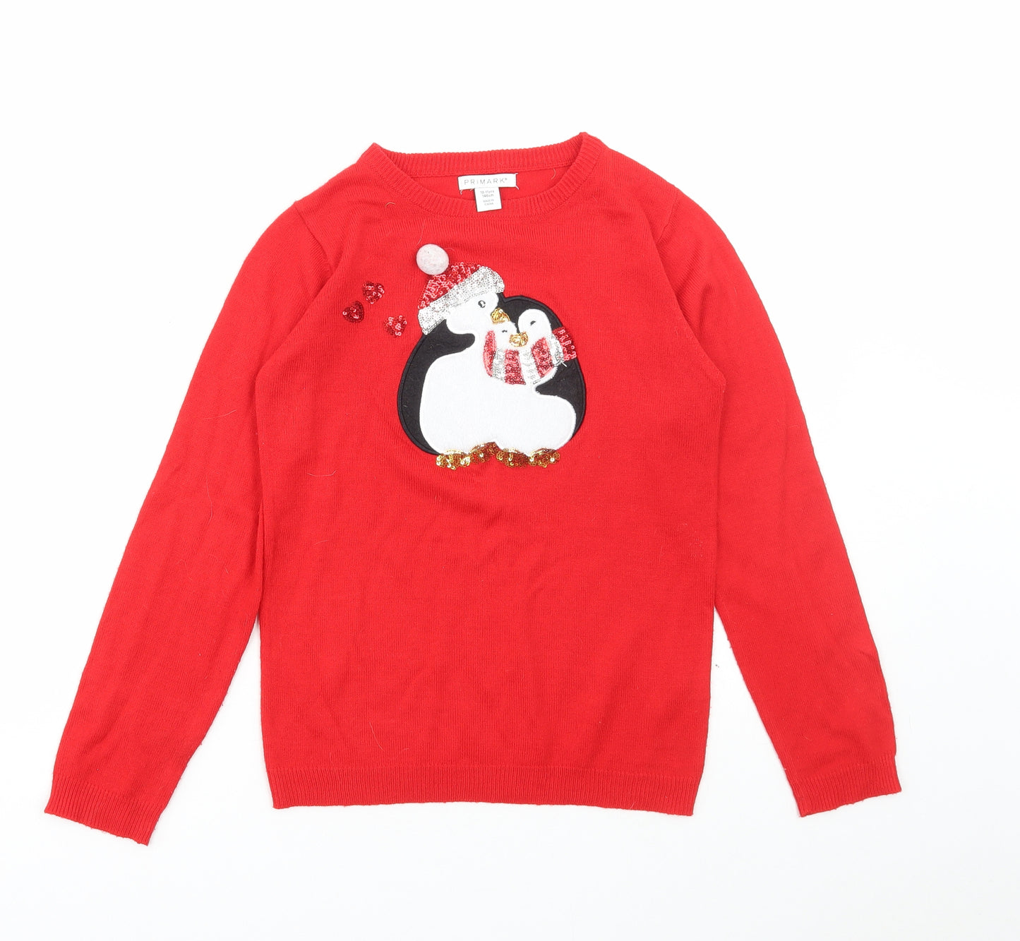 Primark Girls Red Round Neck Acrylic Pullover Jumper Size 10-11 Years Pullover - Penguin Christmas