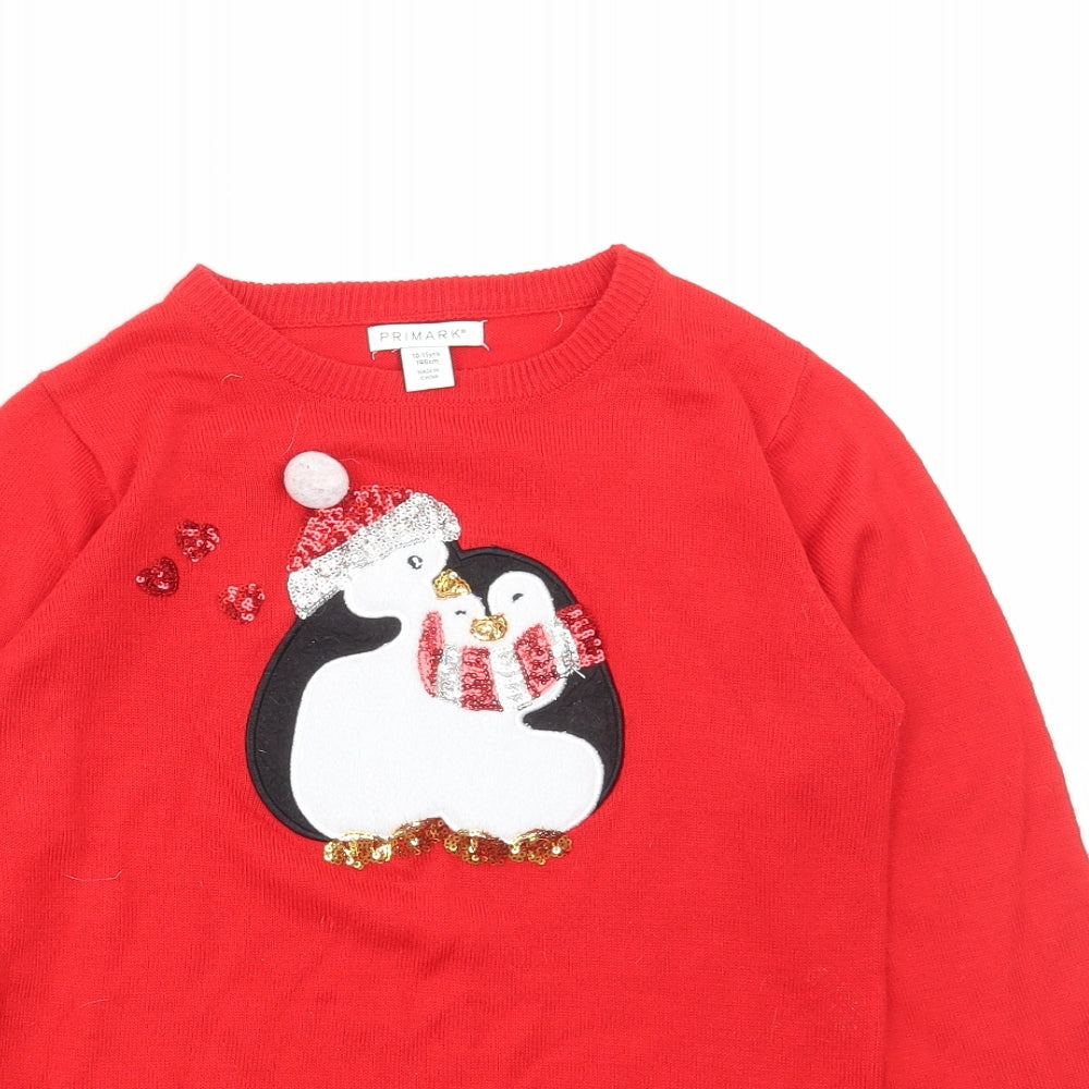 Primark Girls Red Round Neck Acrylic Pullover Jumper Size 10-11 Years Pullover - Penguin Christmas
