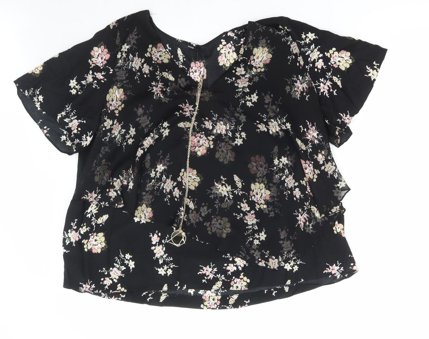 George Womens Black Floral Viscose Basic Blouse Size 22 V-Neck - Attatched Necklace
