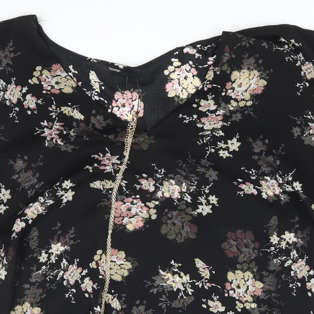 George Womens Black Floral Viscose Basic Blouse Size 22 V-Neck - Attatched Necklace
