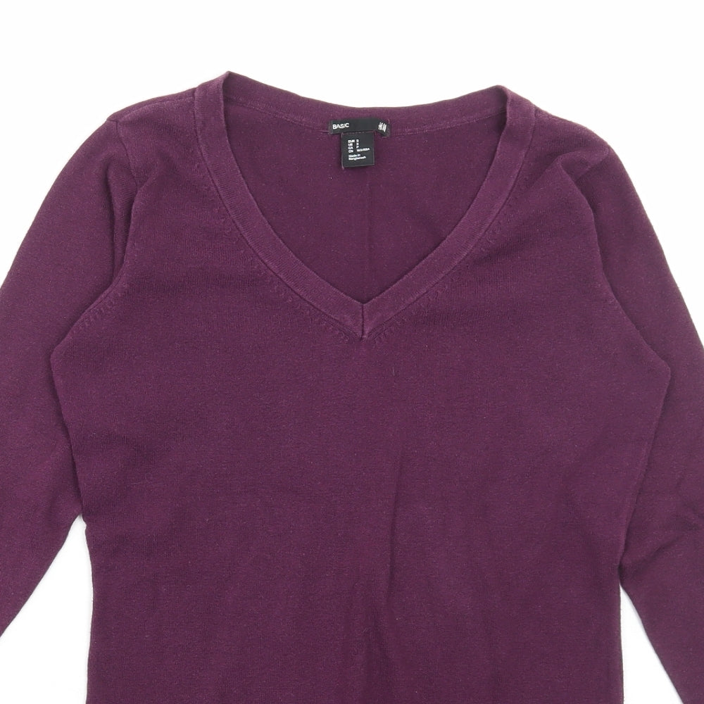 H&M Womens Purple V-Neck Cotton Pullover Jumper Size S
