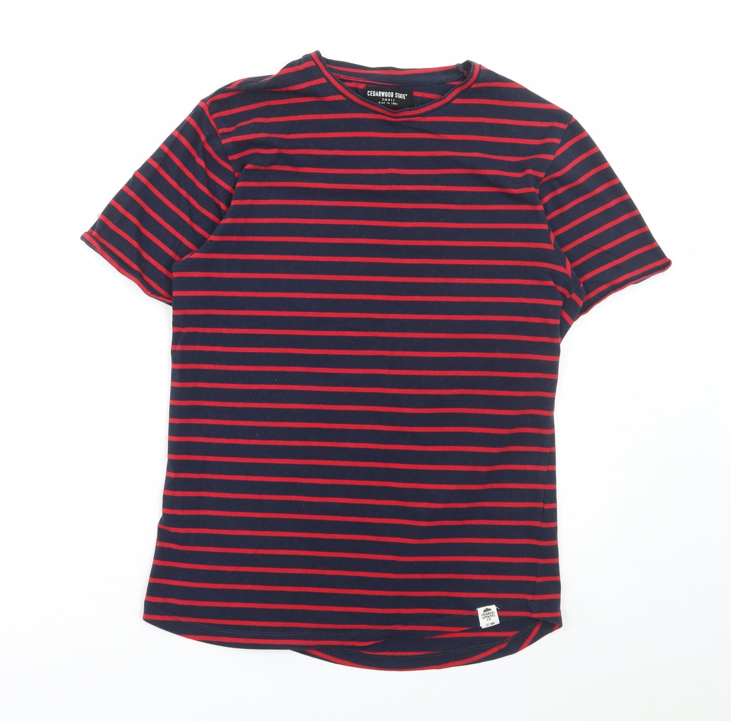 Cedar Wood State Mens Blue Striped Polyester T-Shirt Size S Round Neck