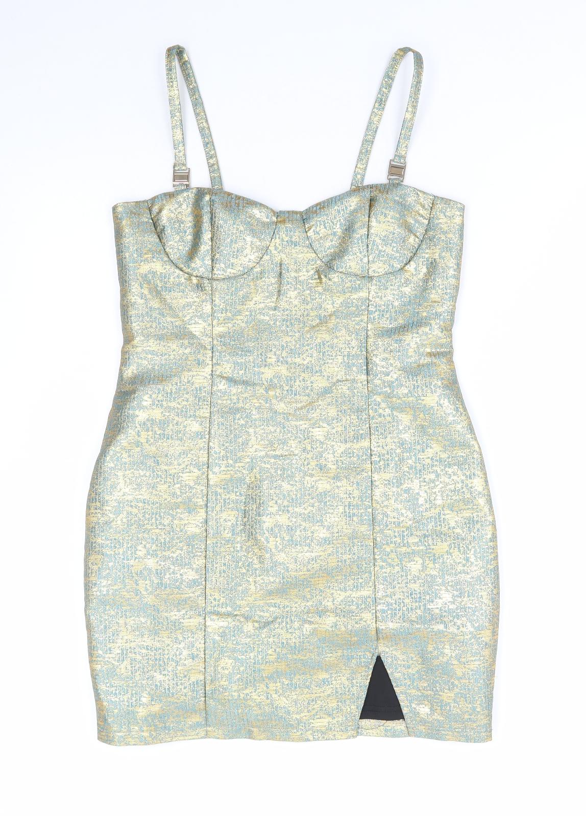 Boohoo Womens Gold Geometric Polyester Bodycon Size 10 Sweetheart Zip