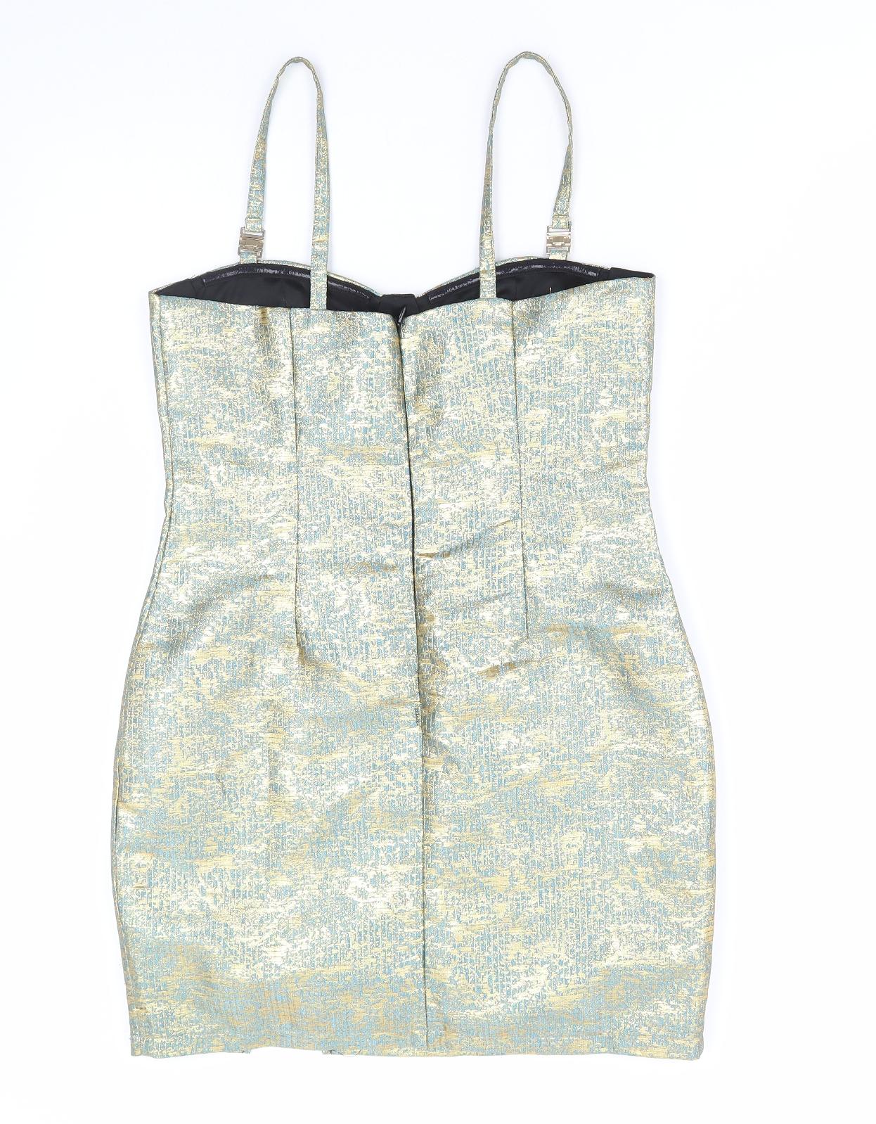 Boohoo Womens Gold Geometric Polyester Bodycon Size 10 Sweetheart Zip
