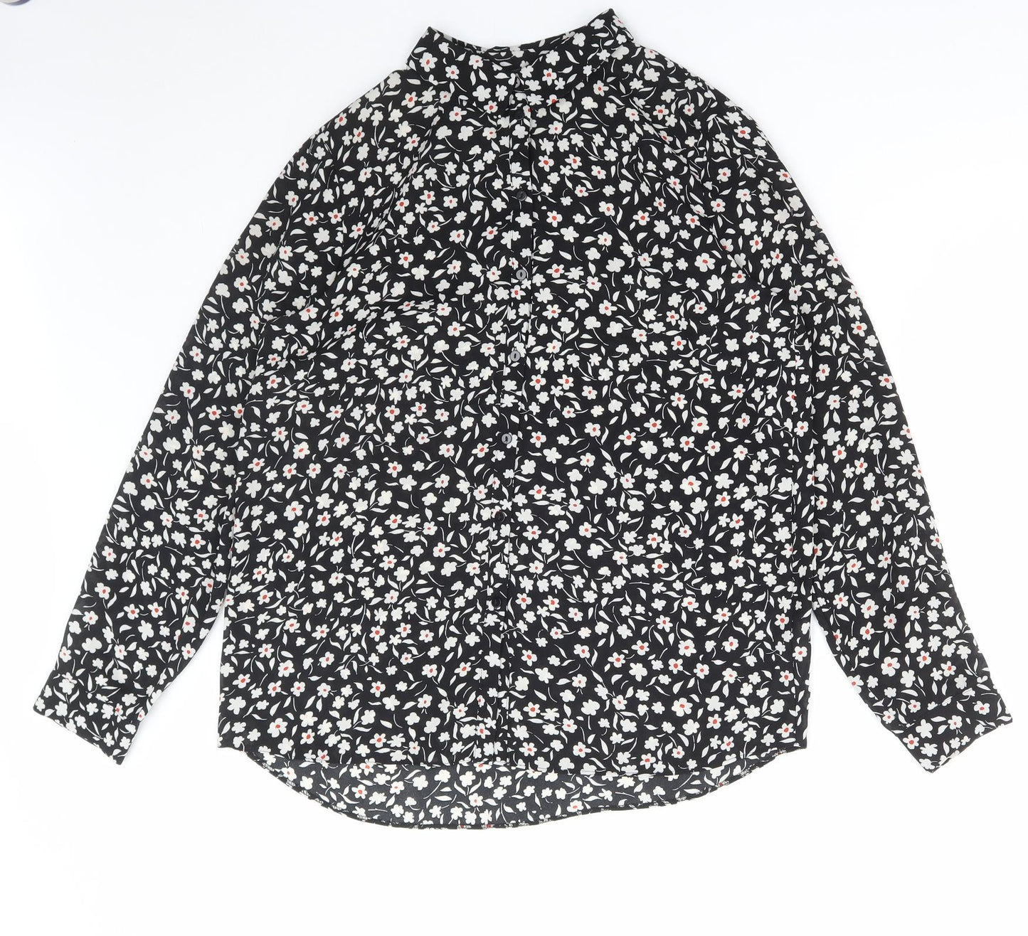 Primark Womens Black Floral Polyester Basic Blouse Size 14 Collared