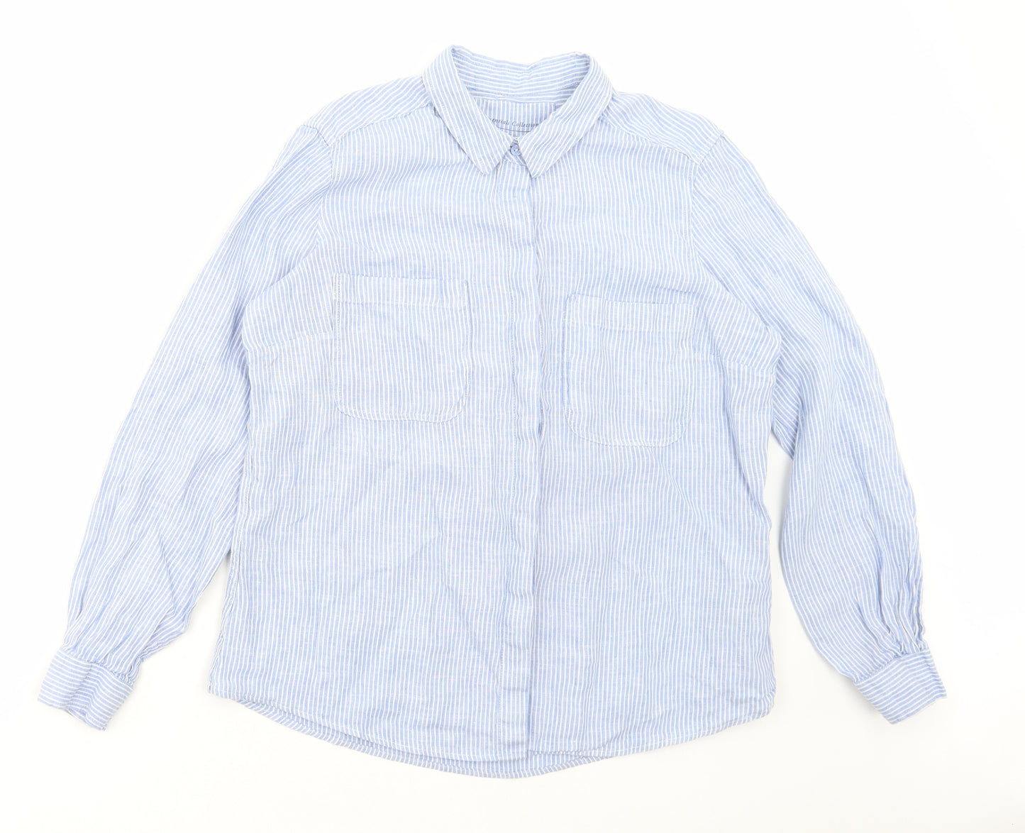 Marks and Spencer Womens Blue Striped Linen Basic Button-Up Size 14 Collared