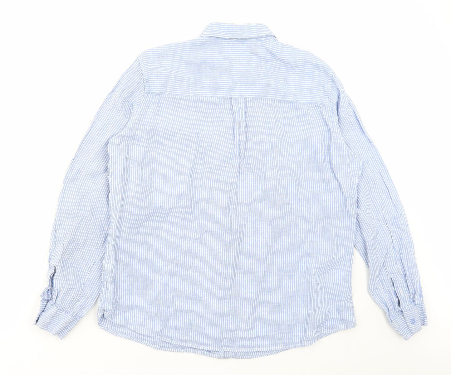 Marks and Spencer Womens Blue Striped Linen Basic Button-Up Size 14 Collared