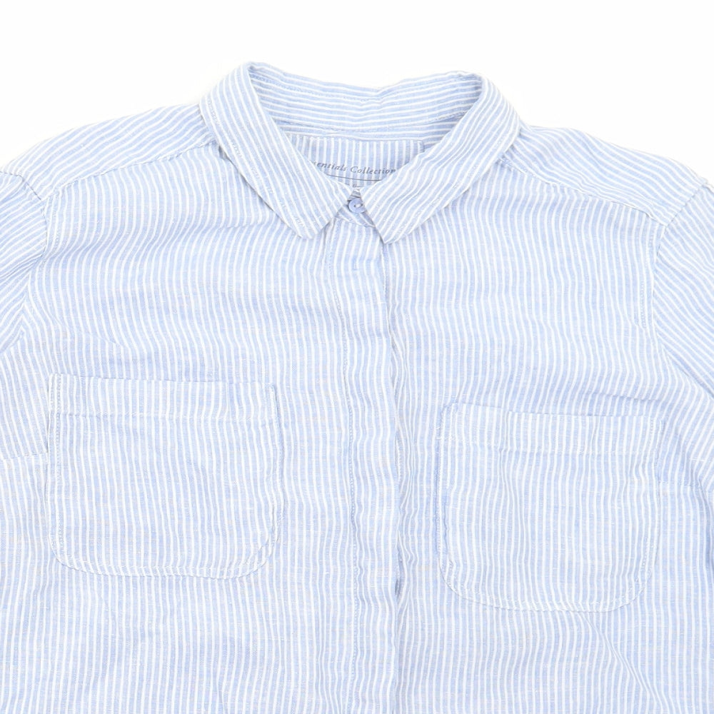Marks and Spencer Womens Blue Striped Linen Basic Button-Up Size 14 Collared