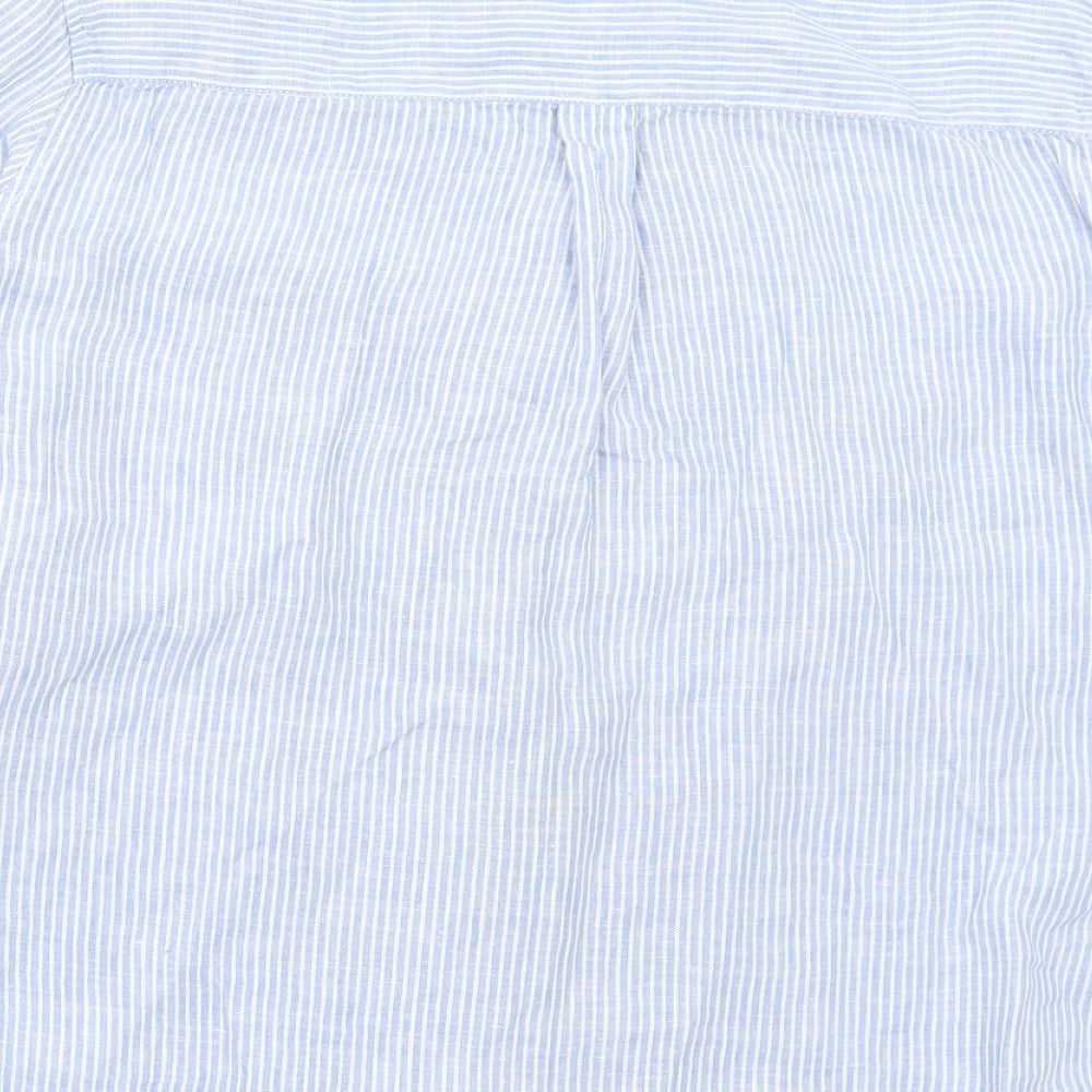 Marks and Spencer Womens Blue Striped Linen Basic Button-Up Size 14 Collared