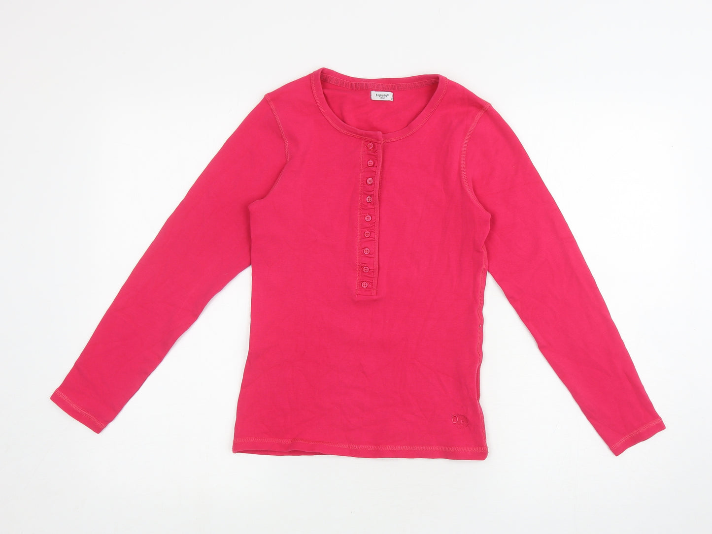 b.young Womens Pink Cotton Basic T-Shirt Size S Round Neck - 3/4 buttons