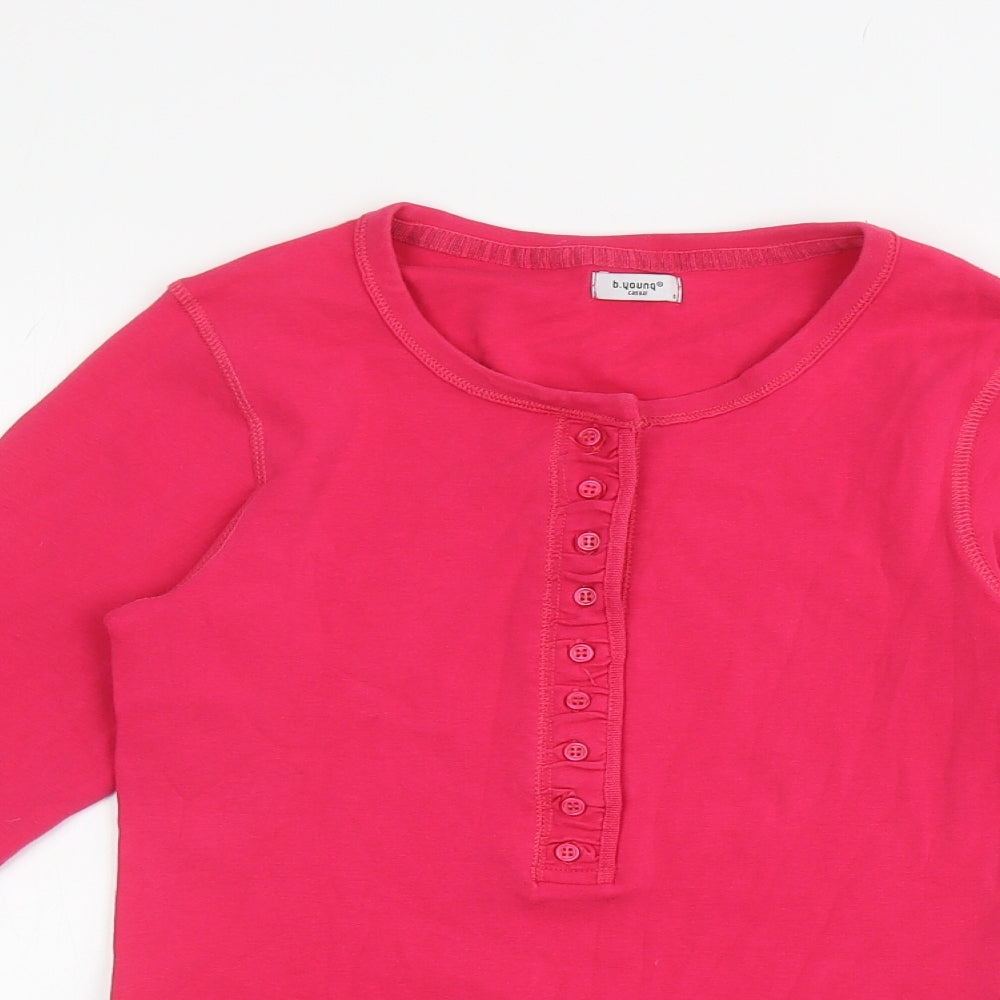 b.young Womens Pink Cotton Basic T-Shirt Size S Round Neck - 3/4 buttons