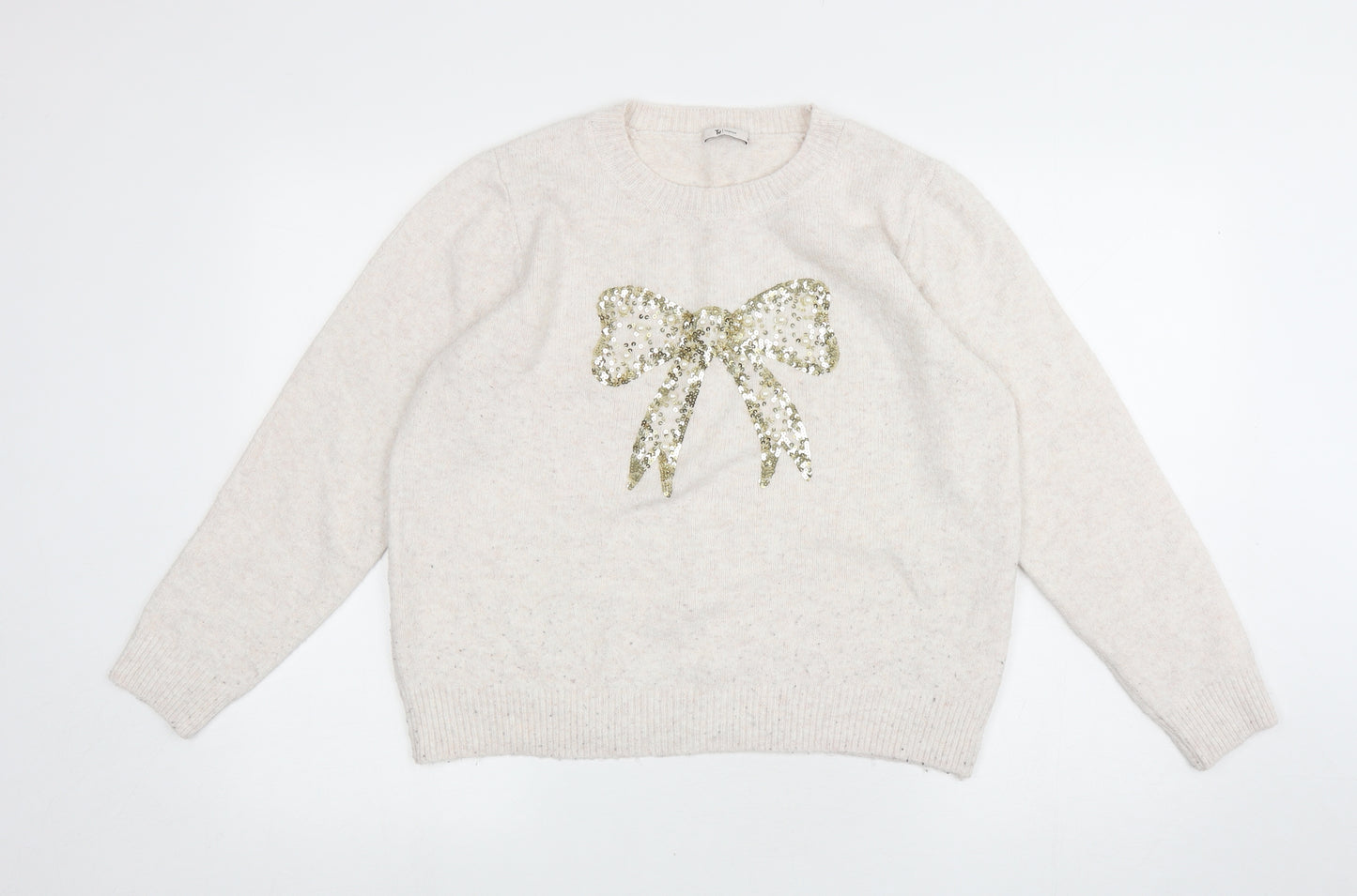 TU Womens Ivory Round Neck Acrylic Pullover Jumper Size 18 - Sequin Bow on front