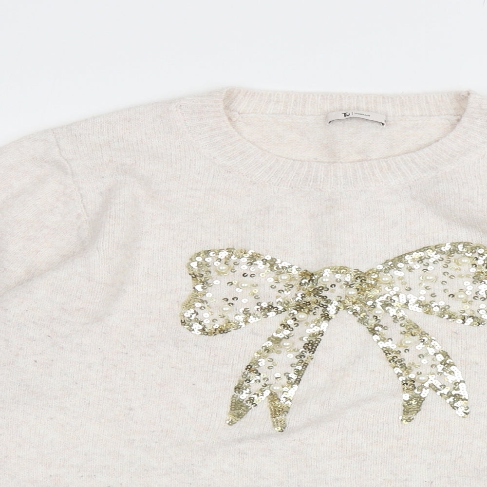 TU Womens Ivory Round Neck Acrylic Pullover Jumper Size 18 - Sequin Bow on front
