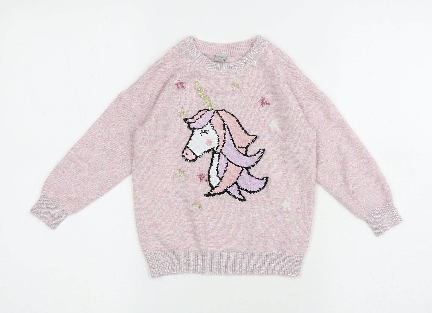 TU Girls Pink Round Neck Acrylic Pullover Jumper Size 5 Years Pullover - Reversible sequin unicorn on front
