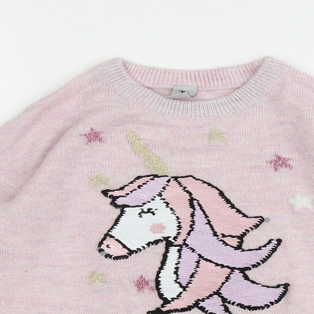 TU Girls Pink Round Neck Acrylic Pullover Jumper Size 5 Years Pullover - Reversible sequin unicorn on front