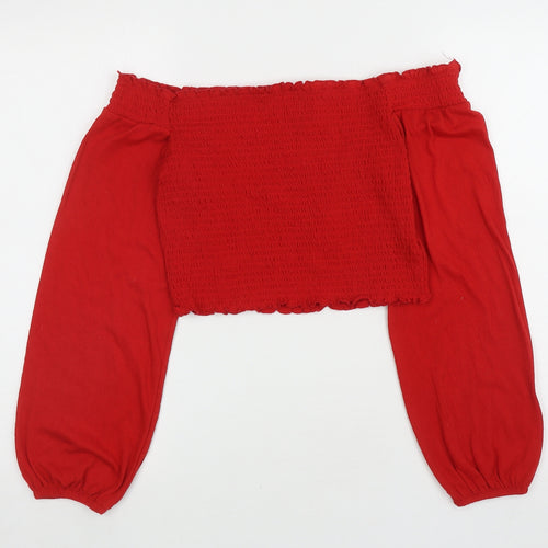 H&M Womens Red Polyester Cropped T-Shirt Size M Off the Shoulder