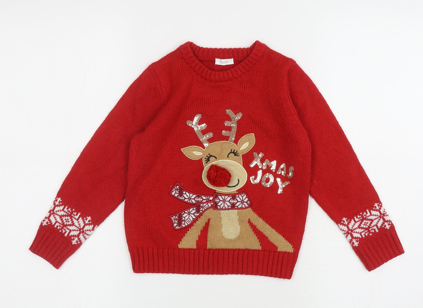 NEXT Girls Red Round Neck Fair Isle Acrylic Pullover Jumper Size 5 Years Pullover - X-mas Reindeer Pom-Pom