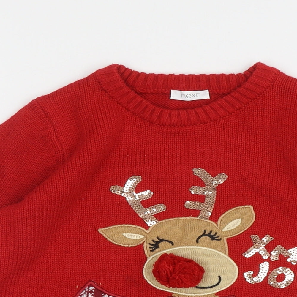 NEXT Girls Red Round Neck Fair Isle Acrylic Pullover Jumper Size 5 Years Pullover - X-mas Reindeer Pom-Pom