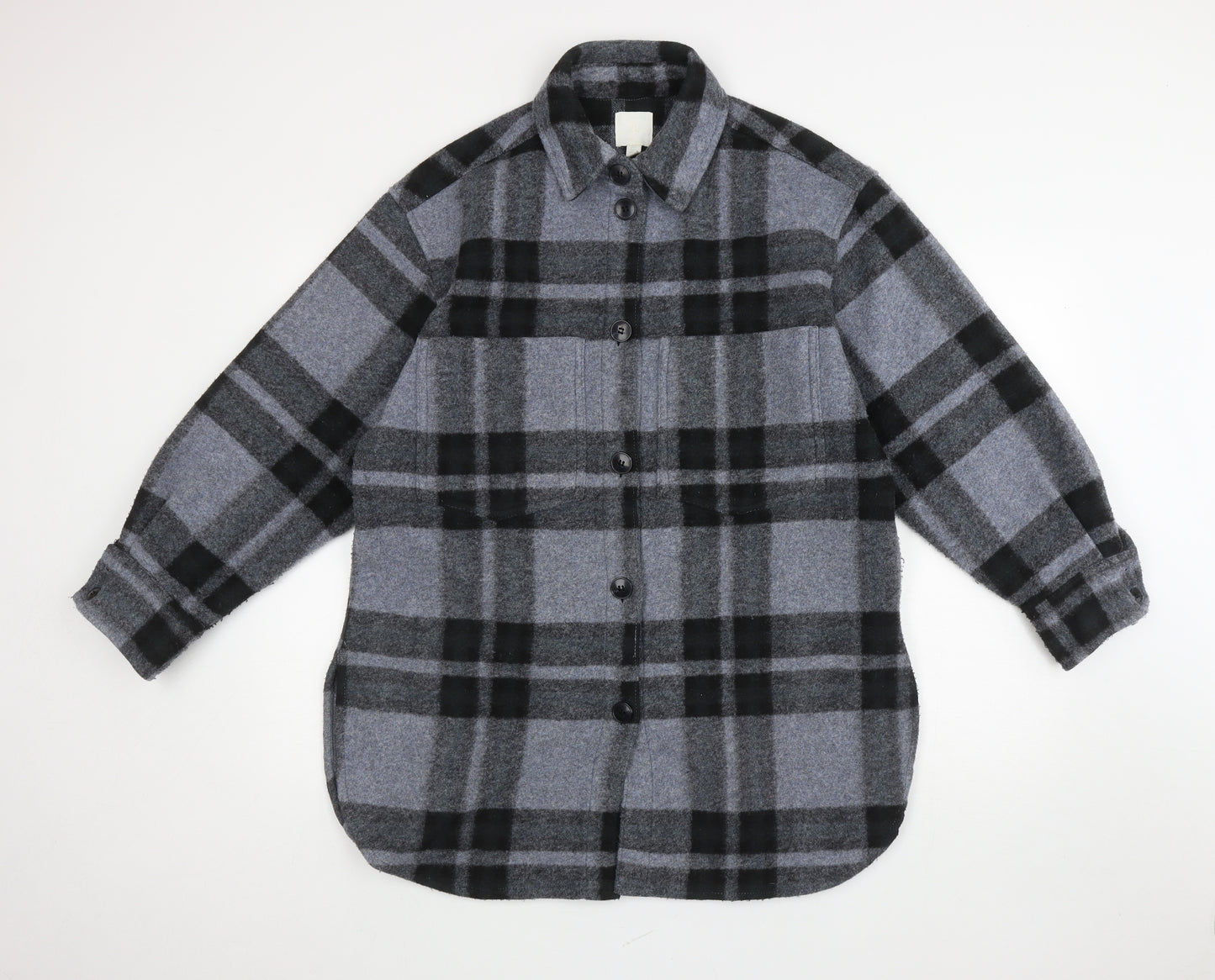 H&M Womens Grey Plaid Jacket Coatigan Size S Button - Pockets on front