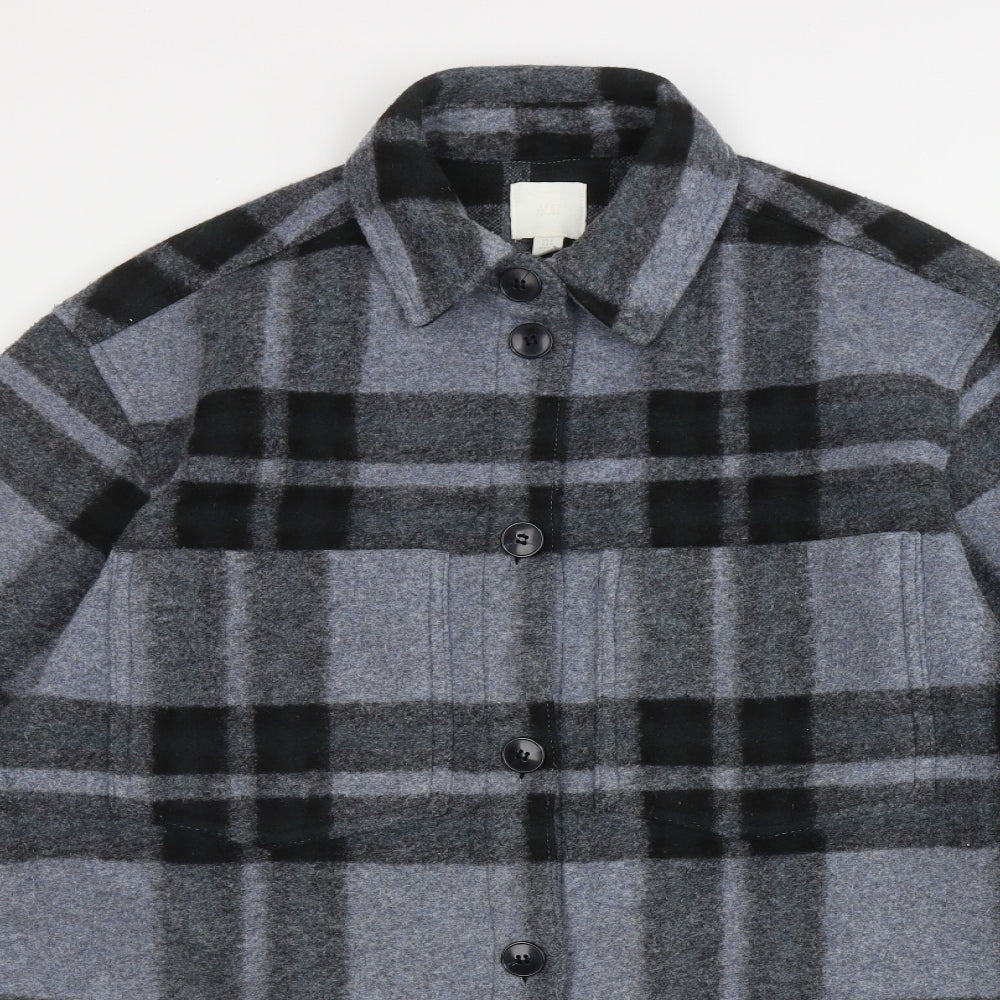 H&M Womens Grey Plaid Jacket Coatigan Size S Button - Pockets on front