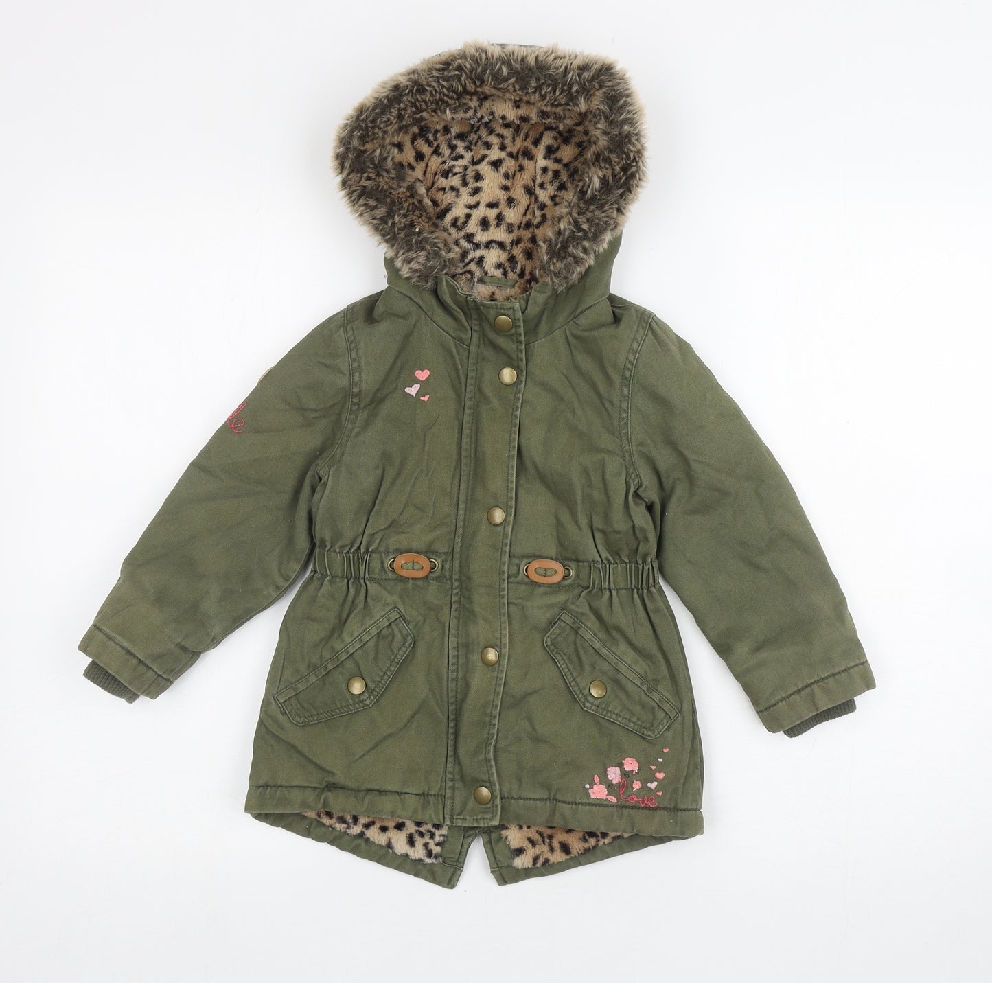 George Girls Green Parka Coat Size 2-3 Years Zip - Animal print fur inside, Embroidered Flowers outside