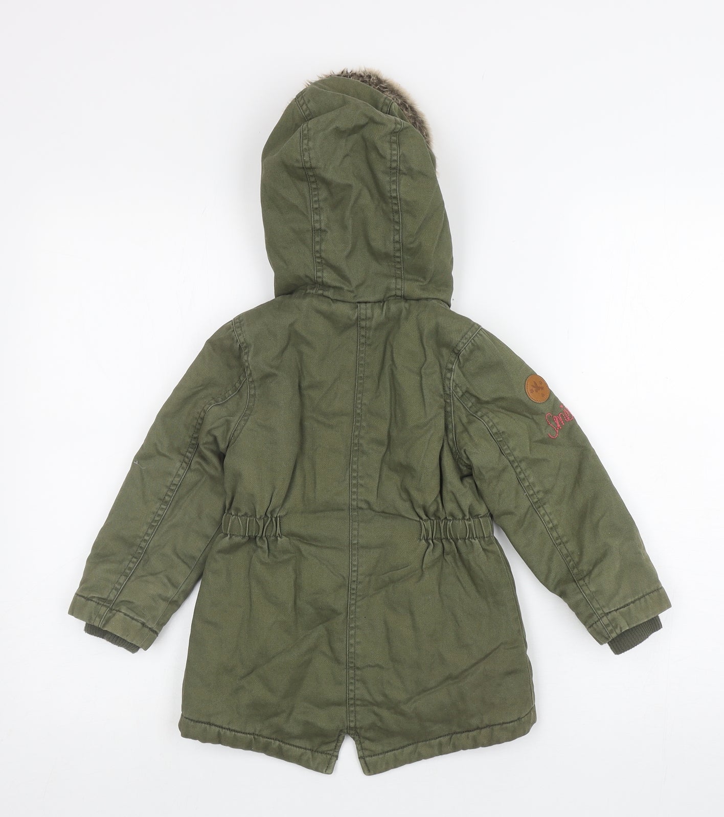 George Girls Green Parka Coat Size 2-3 Years Zip - Animal print fur inside, Embroidered Flowers outside