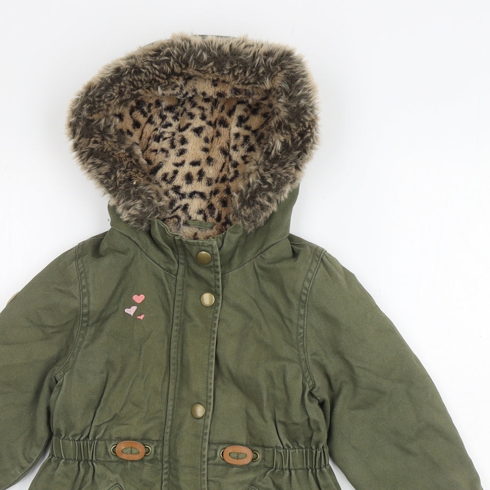 George Girls Green Parka Coat Size 2-3 Years Zip - Animal print fur inside, Embroidered Flowers outside