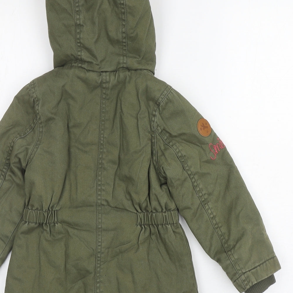 George Girls Green Parka Coat Size 2-3 Years Zip - Animal print fur inside, Embroidered Flowers outside