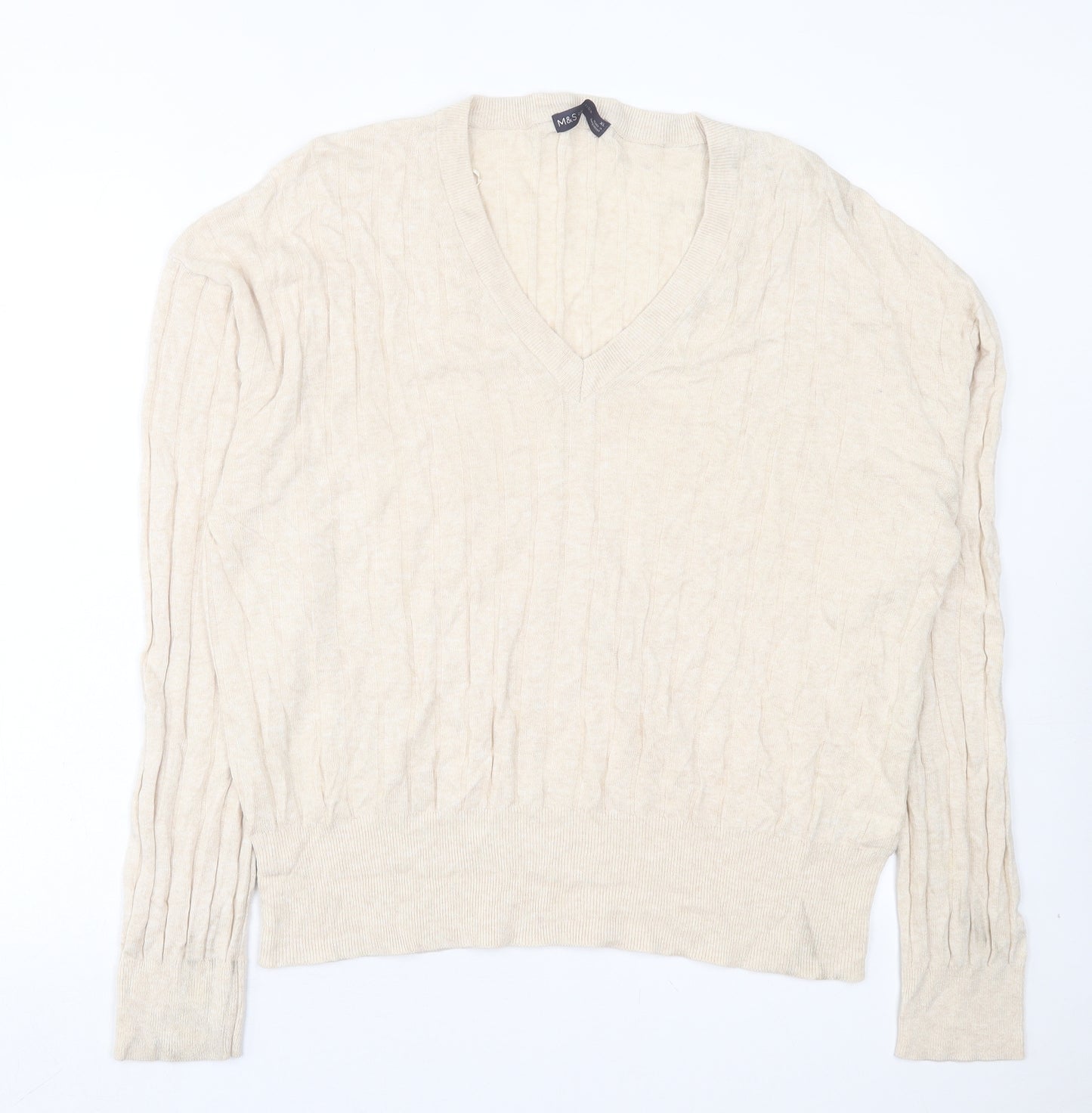 Marks and Spencer Mens Beige V-Neck Viscose Pullover Jumper Size XL