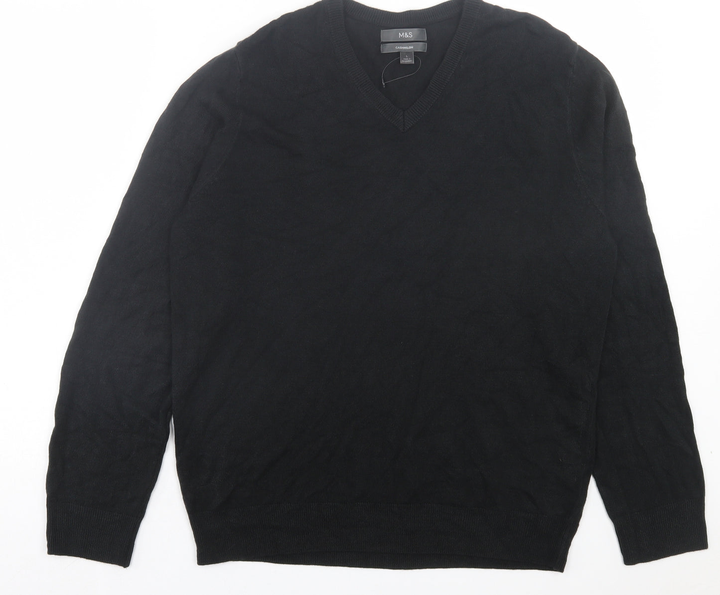 Marks and Spencer Mens Black V-Neck Acrylic Pullover Jumper Size L