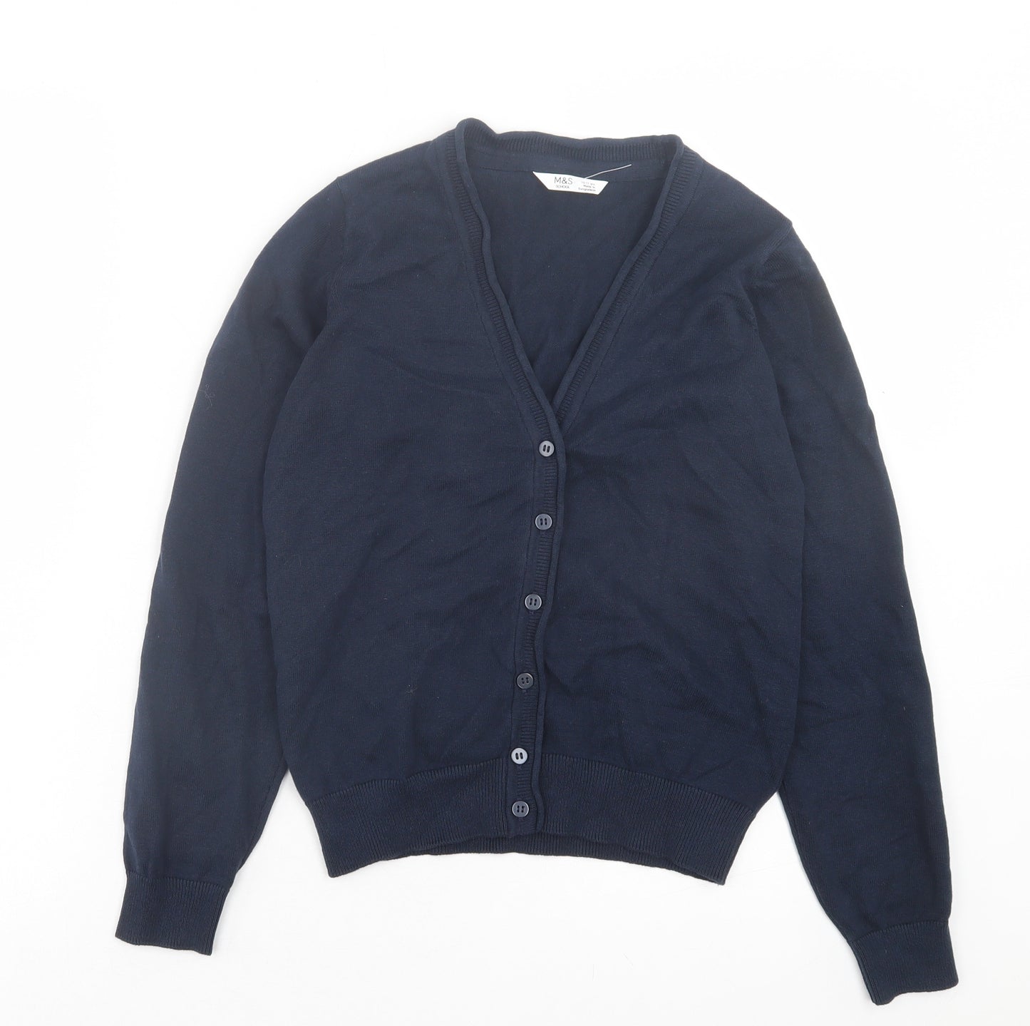 Marks and Spencer Girls Blue V-Neck Cotton Cardigan Jumper Size 10-11 Years Button - School Wear