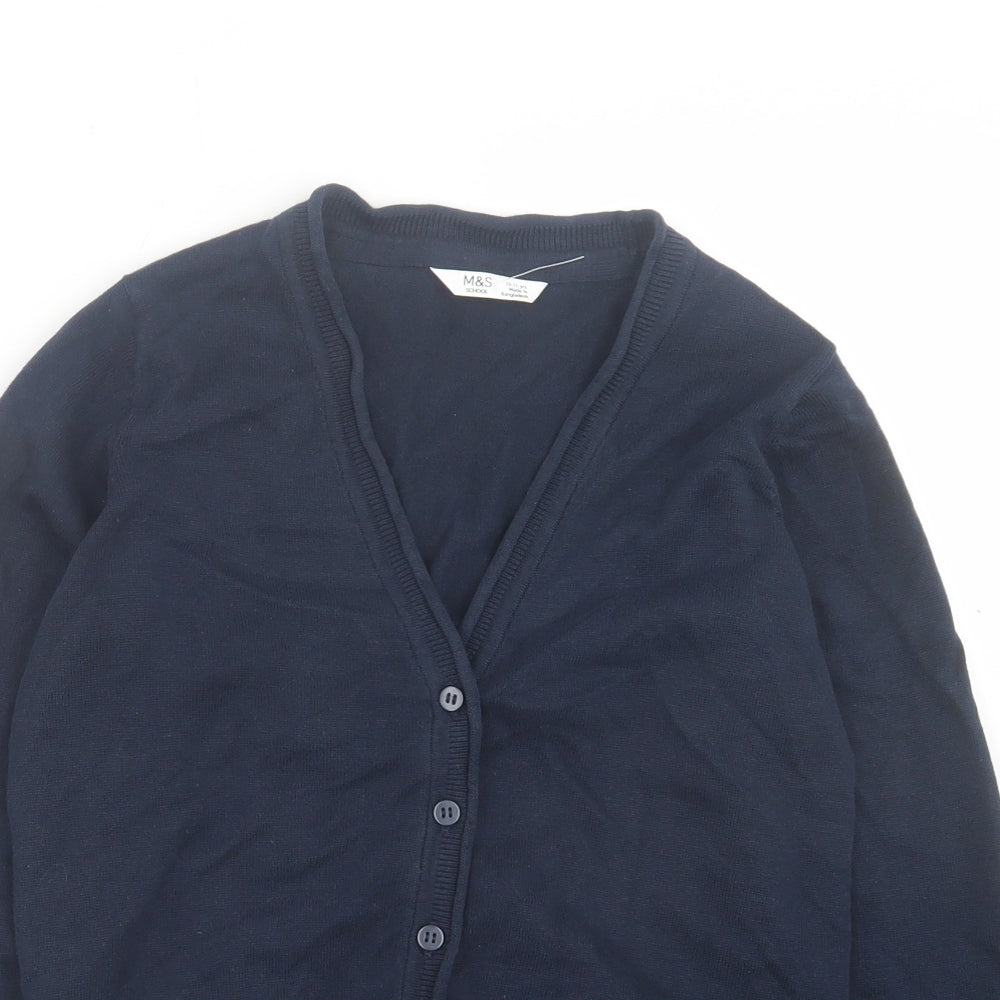 Marks and Spencer Girls Blue V-Neck Cotton Cardigan Jumper Size 10-11 Years Button - School Wear