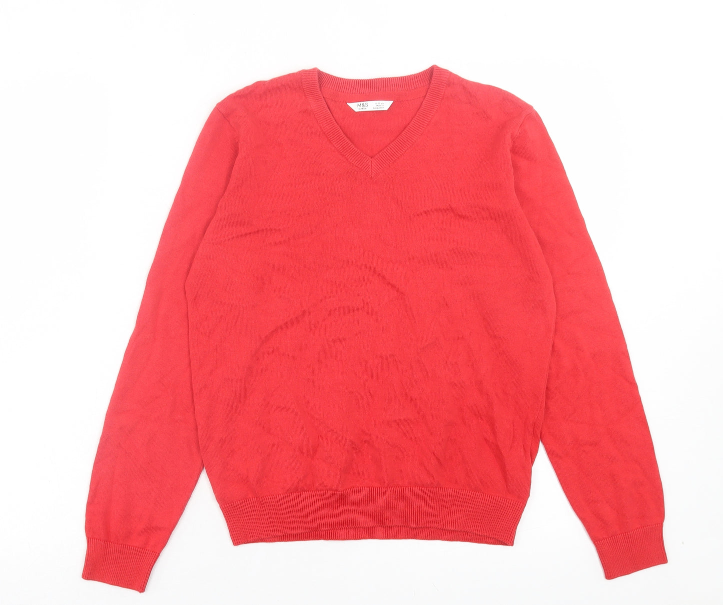 Marks and Spencer Boys Red V-Neck Cotton Pullover Jumper Size 11-12 Years Pullover - School Wear