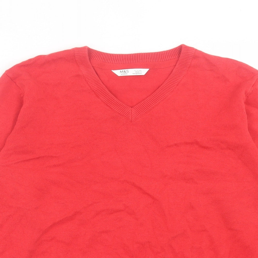 Marks and Spencer Boys Red V-Neck Cotton Pullover Jumper Size 11-12 Years Pullover - School Wear