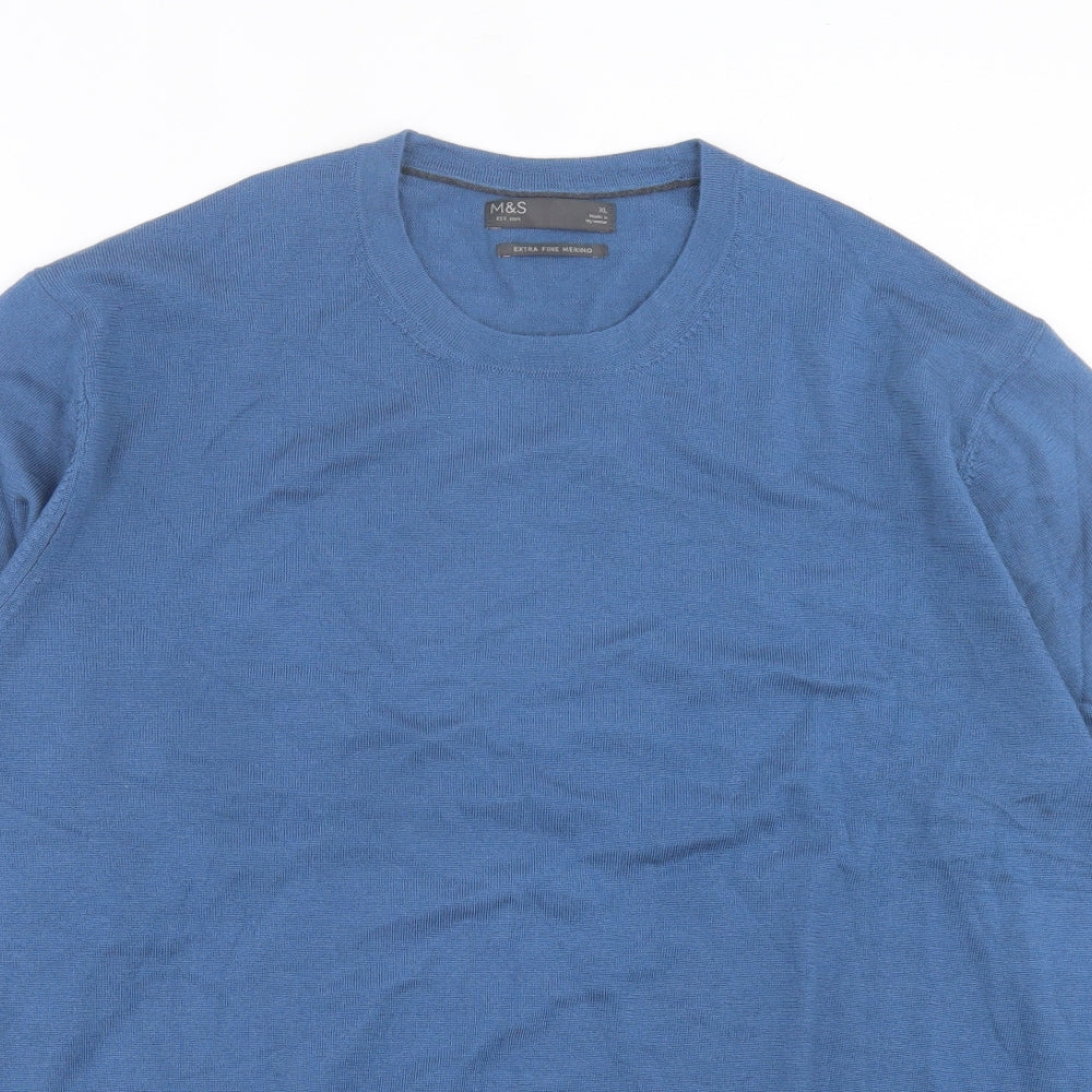Marks and Spencer Mens Blue Crew Neck Wool Pullover Jumper Size XL