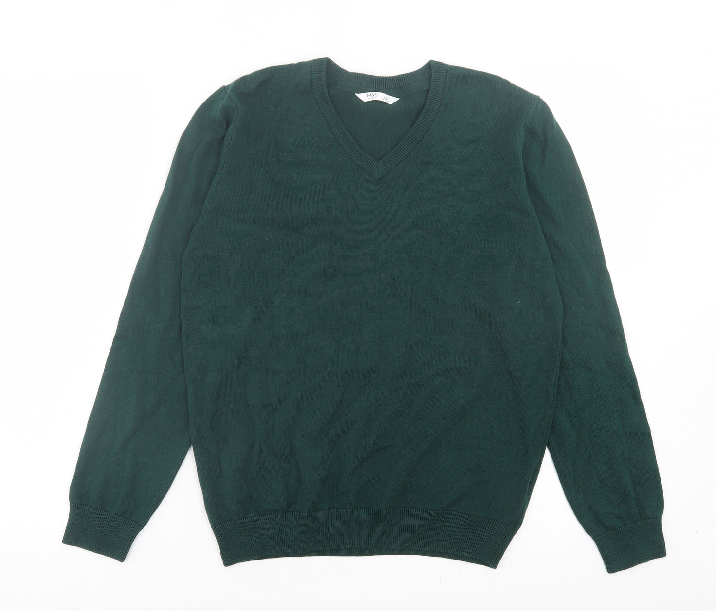 Marks and Spencer Boys Green V-Neck Cotton Pullover Jumper Size 12-13 Years Pullover - School Wear