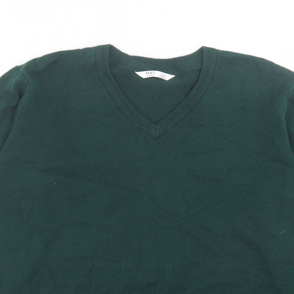 Marks and Spencer Boys Green V-Neck Cotton Pullover Jumper Size 12-13 Years Pullover - School Wear